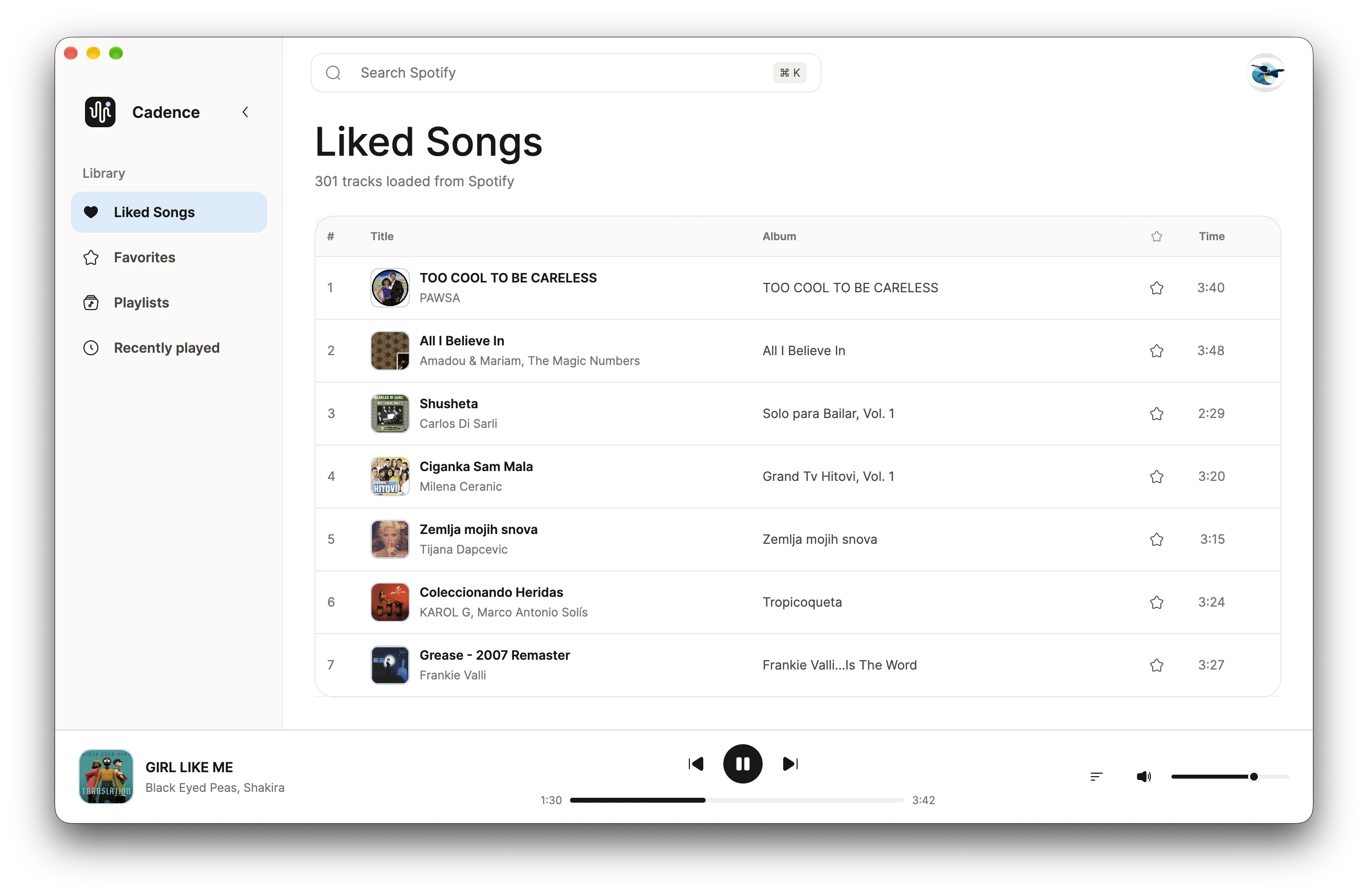 Cadence showing the Liked Songs library